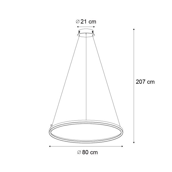 Zeichnung einer Hängeleuchte mit den Maßen 21 cm Durchmesser (oben), 80 cm Durchmesser (Ring) und 207 cm Höhe.