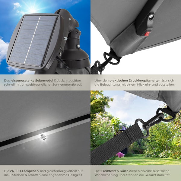 Sonnenschirm tectake Sunna wasserabweisend, inkl. Windsicherung und Schutzhülle 250 x 250 cm mit LED Solar-Beleuchtung hellgrau