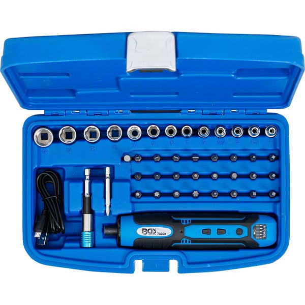 Akkuschrauber Set mit Bits und Nüssen in blauem Koffer