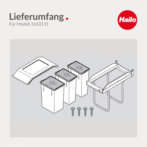 Lieferumfang Hailo Abfallsammler Modell 3650131 mit drei 10 Liter Eimern, Gestell, Deckel und vier Schrauben. Hailo Logo.