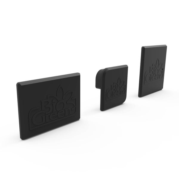 Drei schwarze Endkappen aus Kunststoff in verschiedenen Größen mit Bio Green Logo.