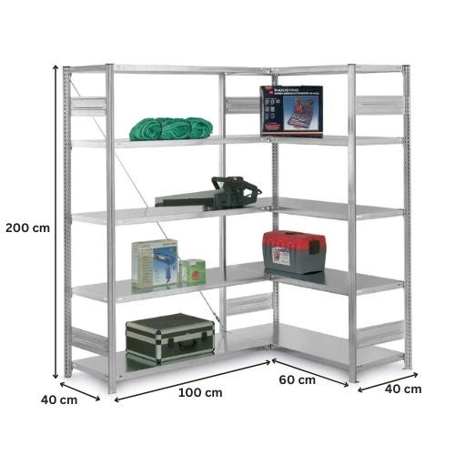 PROREGAL Eckregal  Stecksystem T-Profil HxBxT 200 x 100 x 40 cm 5 Ebenen Traglast 124 kg Verzinkt