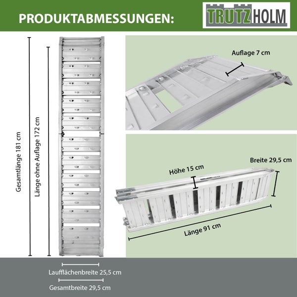 Trutzholm Logo, Produktabmessungen einer Aluminium Auffahrrampe: Gesamtlänge 181 Zentimeter, Breite 29,5 Zentimeter, zusammengeklappt 91 Zentimeter.