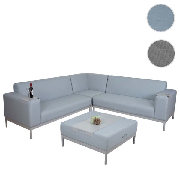 Lounge-Set bestehend aus einem Ecksofa mit integrierten Tabletts an den Armlehnen und einem Hocker mit Tablett, gepolstert, Metallgestell.