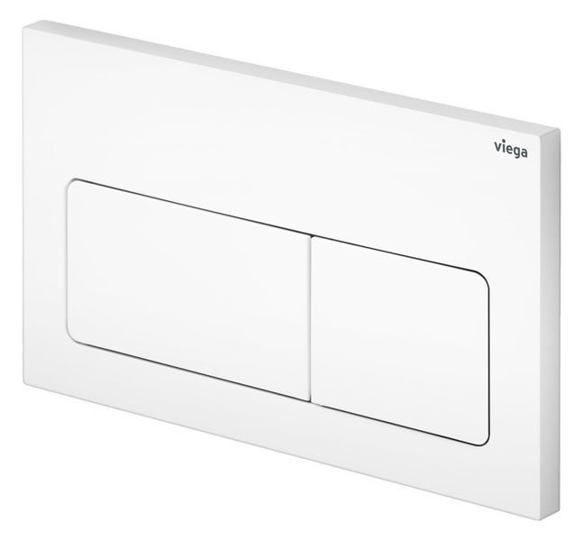 Viega Betätigungsplatte für WC in Weiß mit Zwei-Mengen-Spültechnik und Viega Logo.