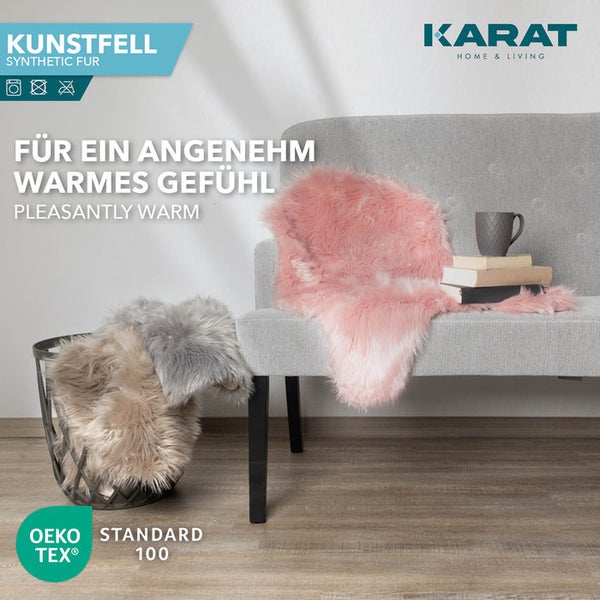 Kunstfell auf Sitzbank und in Metallkorb, maschinenwaschbar, schadstoffgeprüft nach Oeko-Tex Standard 100, Karat Home and Living Logo.
