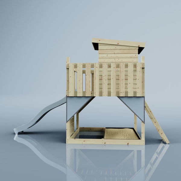 Spielturm aus Holz für Kinder mit Rutsche, integriertem Sandkasten und einer Leiter.