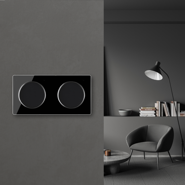 Doppel Lichtschalter mit rechteckiger Platte und zwei runden Bedienelementen an einer Wand in einem modern eingerichteten Wohnraum.