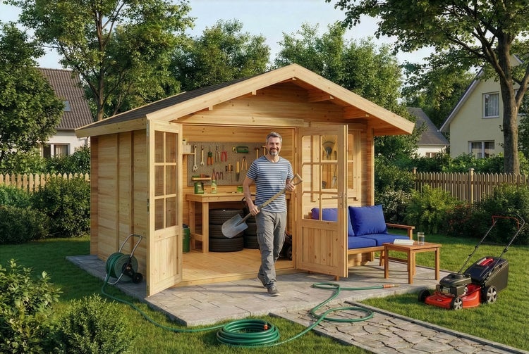 Gartenhaus aus Holz mit Satteldach und Doppeltür auf einer Terrasse. Im Inneren ist eine Werkstatt mit Werkbank. Im Garten stehen Rasenmäher und Sofa.