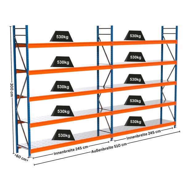 Hochregallager mit den Maßen 300 cm Höhe, 245 cm Innenbreite, 510 cm Außenbreite und 60 cm Tiefe, Traglast 530 kg