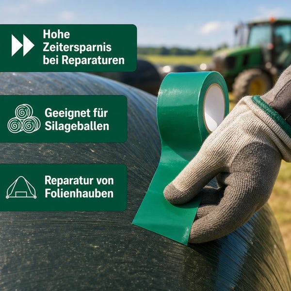 Reparaturband für Silageballen und Folienhauben. Handschuh hält eine Rolle Klebeband. Schnelle Reparatur für landwirtschaftliche Anwendungen.