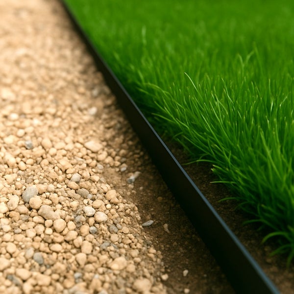 Gartenlandschaft mit Rasen, Kies und einer Rasenkante zur Abgrenzung