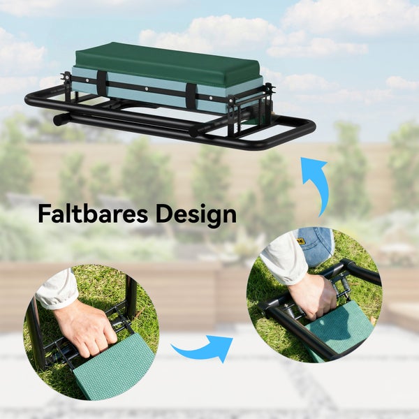 Zusammenklappbare Garten-Kniebank und Sitzhilfe im gefalteten Zustand mit Detailansichten des Klappmechanismus.