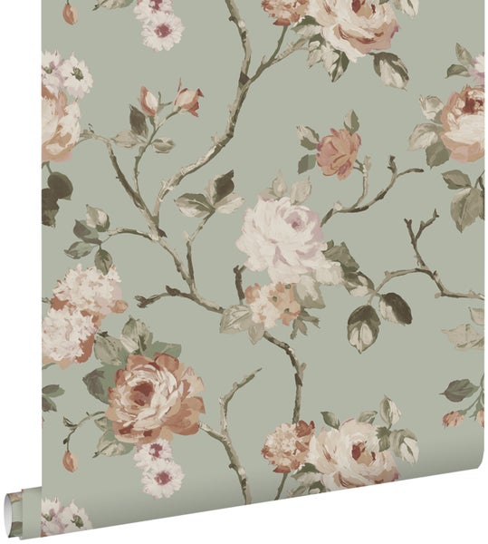 ESTAhome Tapete Blumenmuster Mintgrün und Hellrosa - 53 cm x 10.05 m - 139291