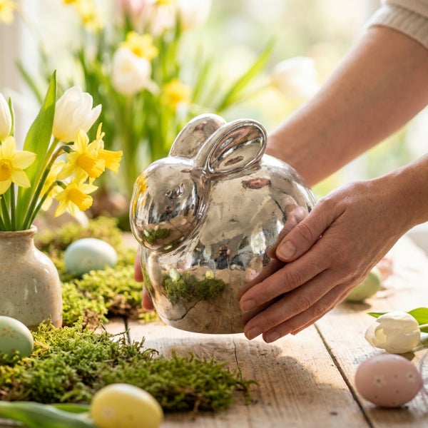 Eine Person hält eine glänzende, metallische Osterhasen-Figur als Tischdekoration auf einem hölzernen Untergrund mit Moos und Frühlingsblumen.