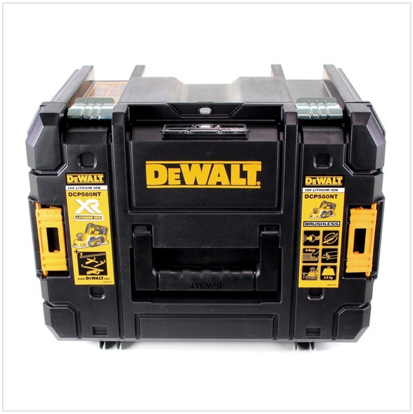 DeWalt Systemkoffer TSTAK für Akku-Hobel DCP580NT, robuster Kunststoffkoffer mit Tragegriff und stabilen Metallschließen.