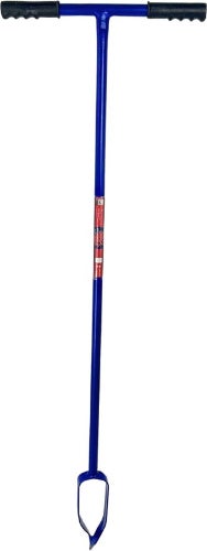 Manueller Erdbohrer aus blauem Metall mit T-Griff und schwarzen Handgriffen zum Ausheben von Löchern.