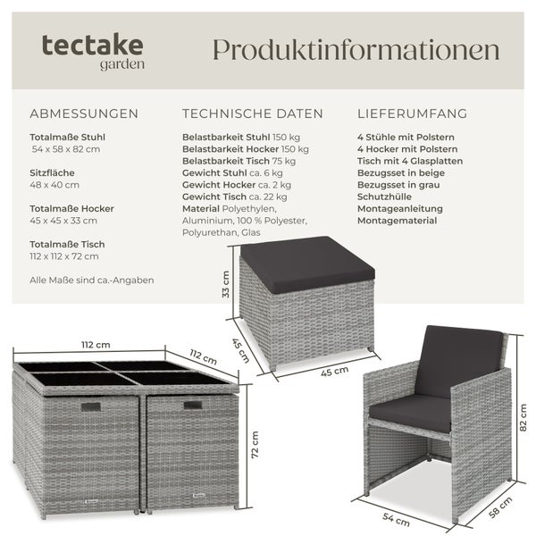 Rattan Sitzgruppe tectake Manhattan 2 Bezugssets, zusammenschiebbar, inklusive Schutzhülle mit Aluminiumgestell hellgrau