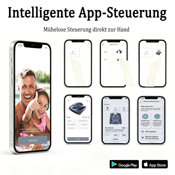 Darstellung der intelligenten App-Steuerung für einen Poolroboter auf einem Smartphone mit verschiedenen Menüansichten und Funktionen.