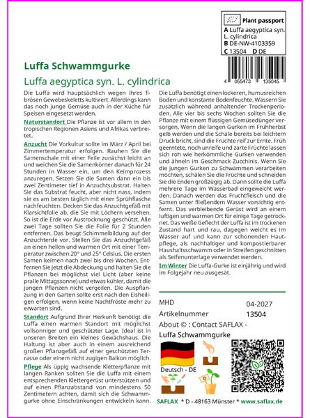 SAFLAX  - Luffa Schwammgurke - Luffa aegyptica syn. L. cylindrica - 10 Samen - Mit keimfreiem Anzuchtsubstrat