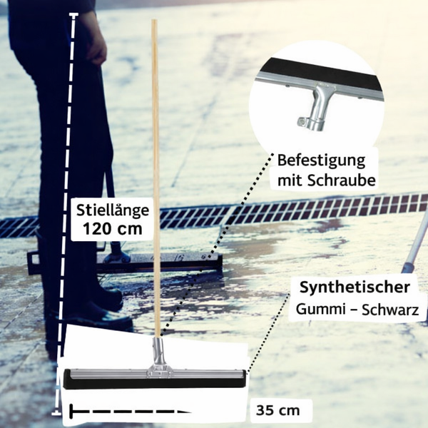 Wasserschieber mit 120 Zentimeter langem Holzstiel, 35 Zentimeter breiter Lippe aus schwarzem Synthetikgummi und stabiler Schraubbefestigung.