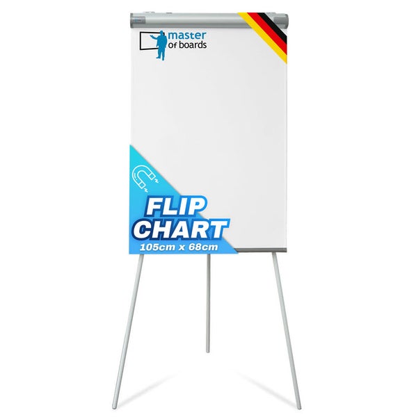 Magnetisches Flipchart von Master of Boards, 105 mal 68 Zentimeter, auf einem Dreibeinstativ, deutsche Qualität, Master of Boards Logo.