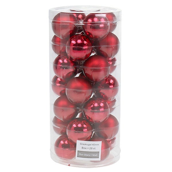 Verpackung mit 28 roten Christbaumkugeln mit einem Durchmesser von 40 Millimetern, glänzend und matt