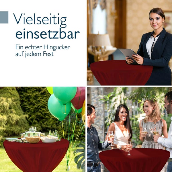Stehtisch mit roter Hülle in verschiedenen Nutzungsszenarien