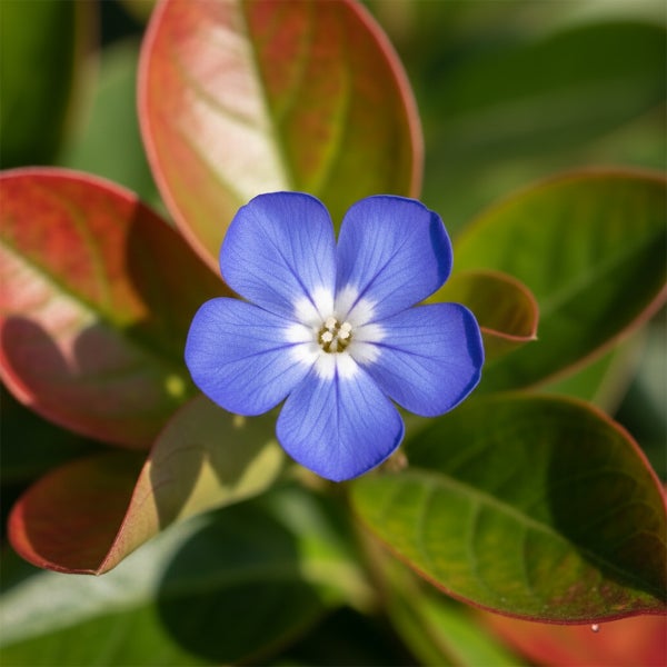 Blaue fünfblättrige Blüte mit weißem Zentrum inmitten von grünen und rötlichen Blättern.