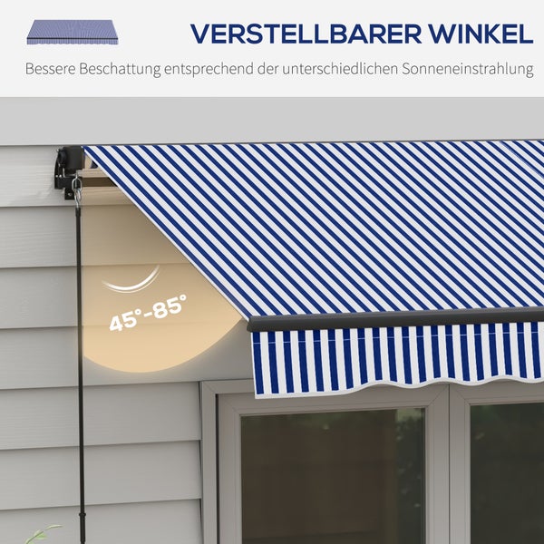 Outsunny Markise, Wandmontage Balkonmarkise mit Handkurbel,3 x 2,5 m, Alu, Blau+Weiß