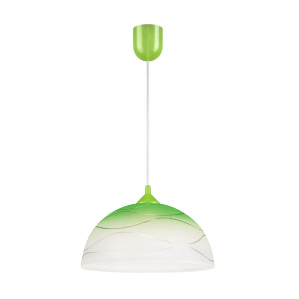 Hängeleuchte mit halbrunder, verzierter Glasschirm.