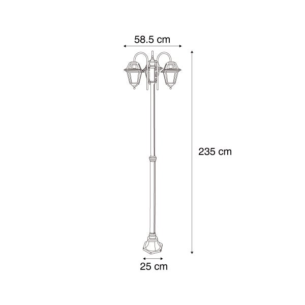 Technische Zeichnung einer dreiflammigen Gartenlaterne mit Maßen von 235 cm Höhe, 58,5 cm Breite und 25 cm Fußdurchmesser.