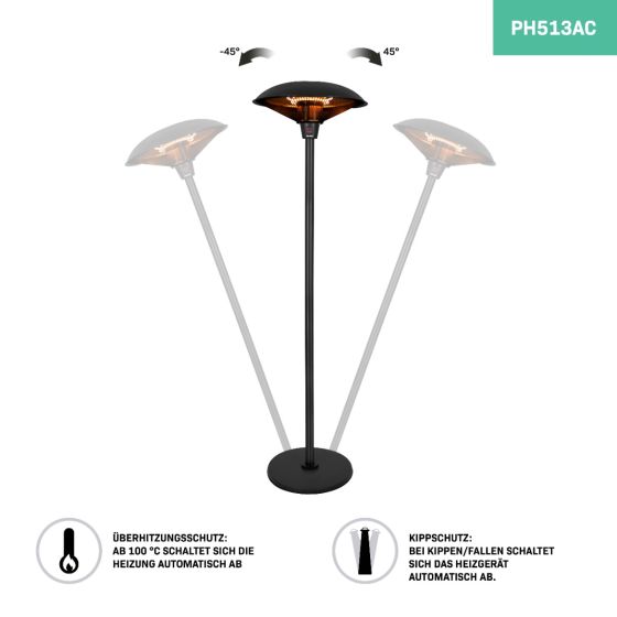 Elektrischer Terrassenstrahler in Schwarz mit Kippschutz und Überhitzungsschutz. Neigbar um 45 Grad.