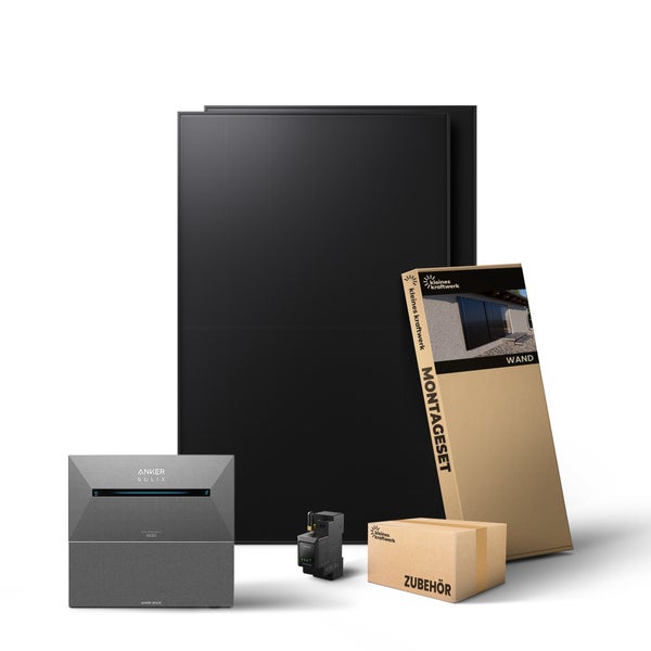Balkonkraftwerk-Komplettset von kleines kraftwerk mit zwei Solarmodulen, Anker Solix Solarbank 2 Pro Speicher, Wand-Montageset und Zubehör.