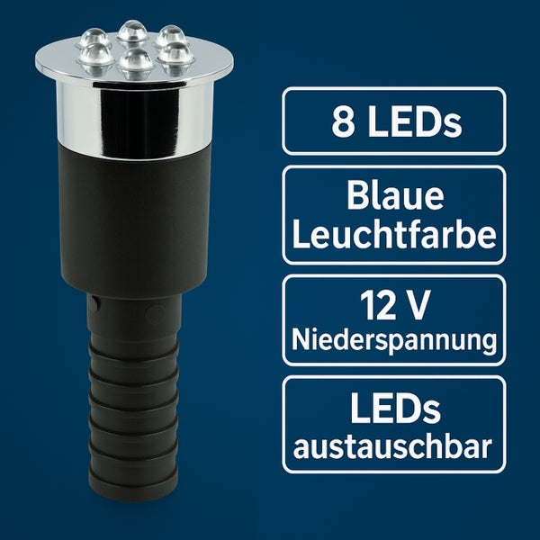 LED Springbrunnenbeleuchtung mit 8 LEDs, 12 Volt Niederspannung, blaues Licht, LEDs austauschbar.