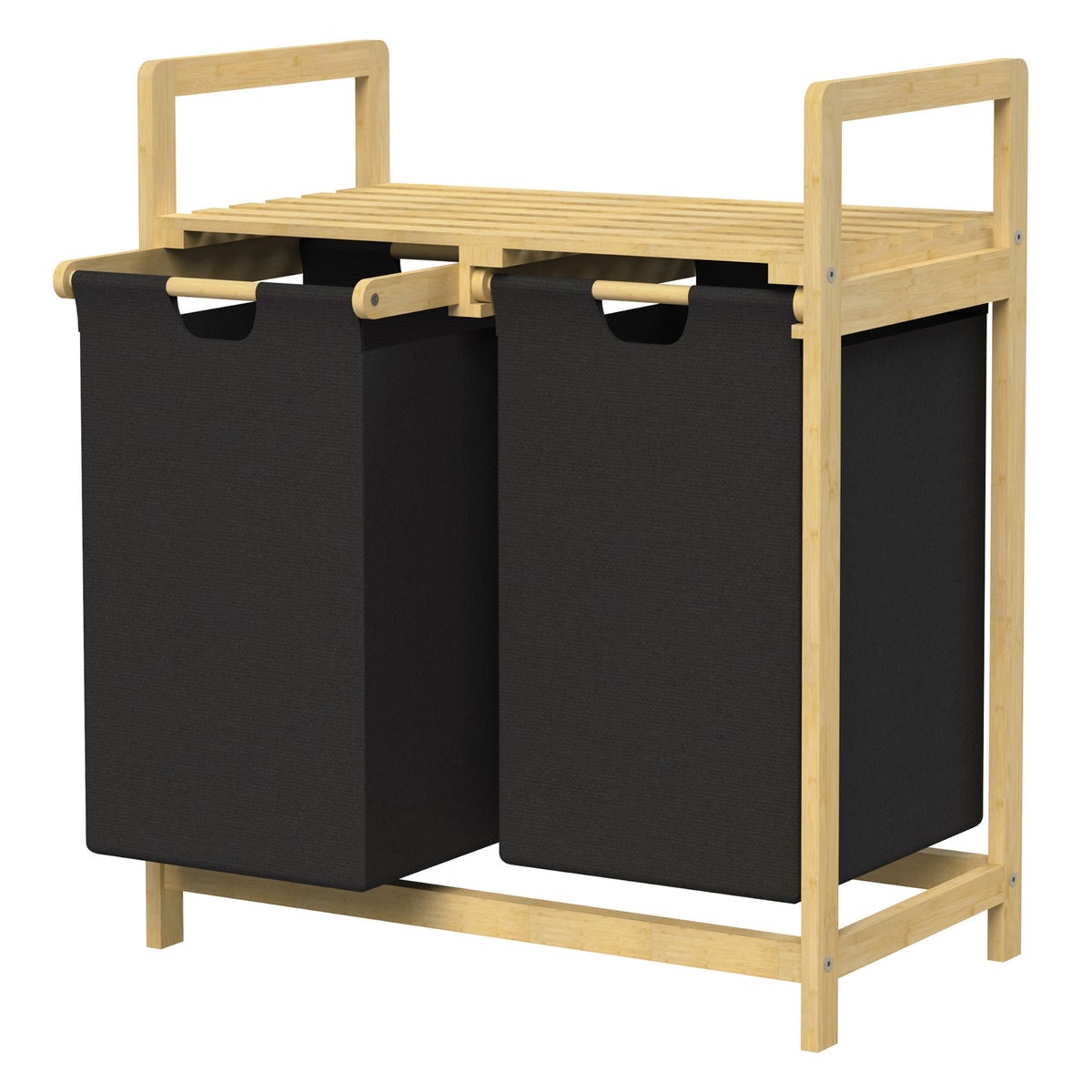 ML-Design Wäschekorb aus Bambus, Schwarz, Wäschebox mit 2 Fächern, Wäschesammler mit 2 ausziehbaren Wäschesäcken 60 L, Wäschetruhe mit Ablage, Wäschesortierer für Badezimmer, Wäschetonne mit Regal