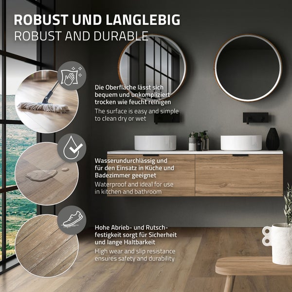 Infografik zeigt Vorteile von Bodenbelag in modernem Badezimmer: Pflegeleicht, wasserfest, abriebfest und rutschfest für Küche und Bad.