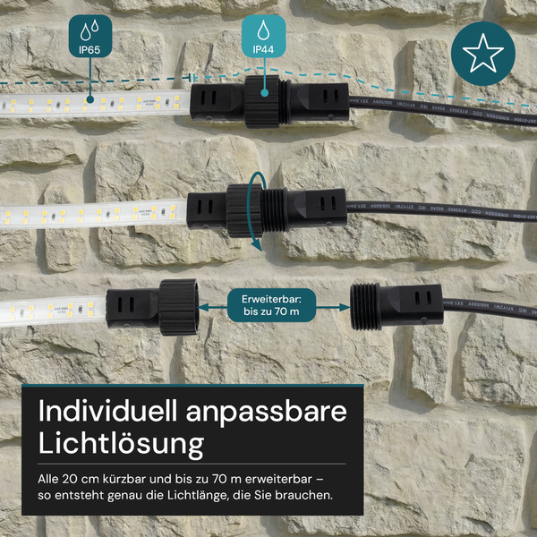 Erweiterbare LED-Lichtleiste. Bis zu 70 Meter verlängerbar und alle 20 Zentimeter kürzbar. Schutzklassen IP65 und IP44 für den Außenbereich.