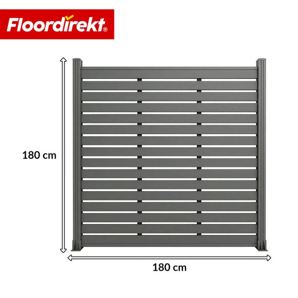 FloorDirekt Logo. Sichtschutzzaun aus Aluminium mit den Maßen 180 mal 180 Zentimeter.