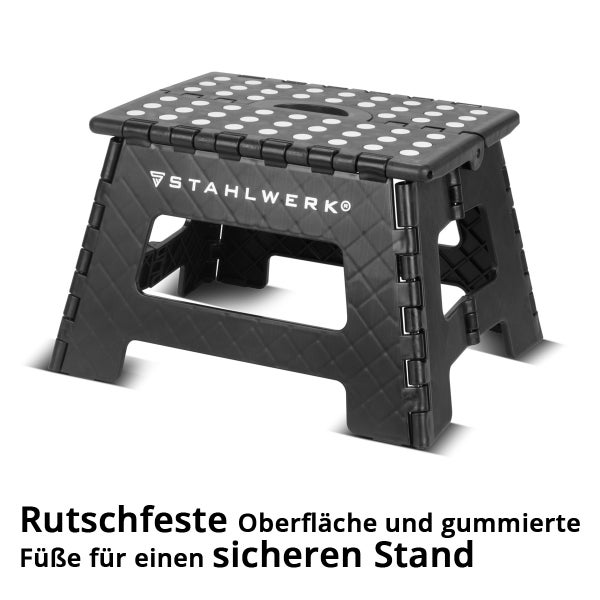 Klapptritt von Stahlwerk mit rutschfester Oberfläche und gummierten Füßen für einen sicheren Stand.