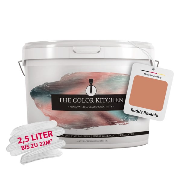 Ultra matte Wandfarbe von The Color Kitchen in der Farbe Ruddy Rosehip, 2,5 Liter Eimer für bis zu 22 Quadratmeter.