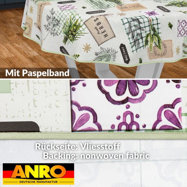 Tischdecke mit Kräutermuster und Paspelband, Rückseite aus Vliesstoff, ANRO Logo