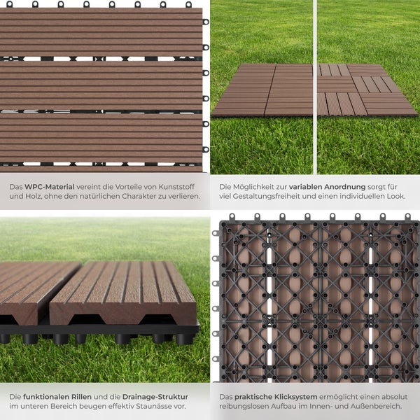 Terrassenfliesen tectake Tegulas 31 x 31 x 2,2 cm 22er Set im Klicksystem braun