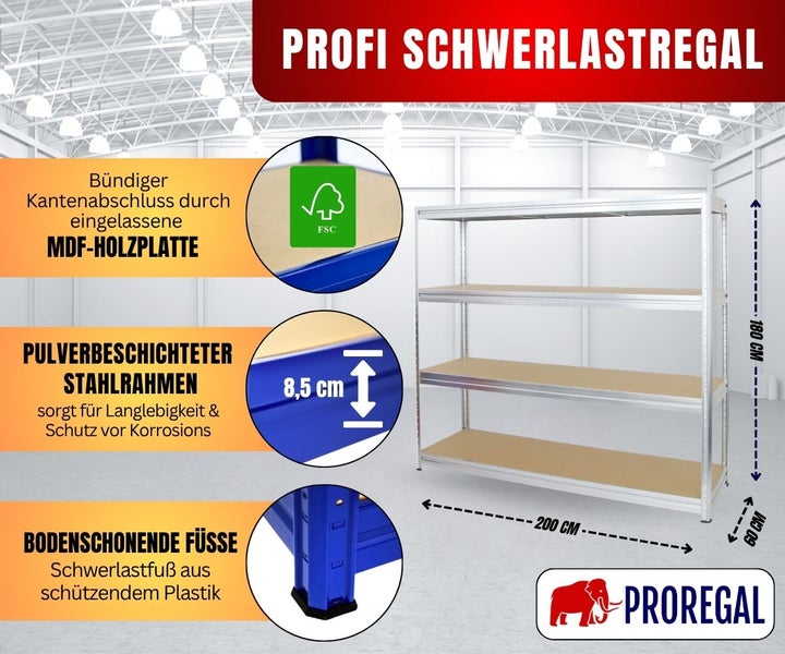 Schwerlastregal, pulverbeschichteter Stahlrahmen, FSC-MDF-Platten, Kunststofffüße, 200 mal 180 mal 60 Zentimeter, Proregal Logo.