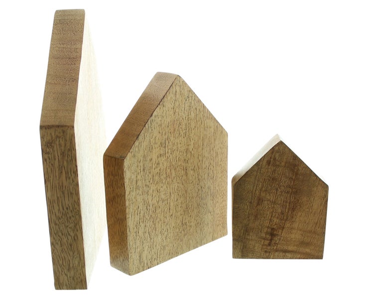 FRANK FLECHTWAREN | Holzdeko Haus, 3er Set, HOLZ, 7,5x2,5x10cm, 11x2,5x15cm, 15x2,5x20cm