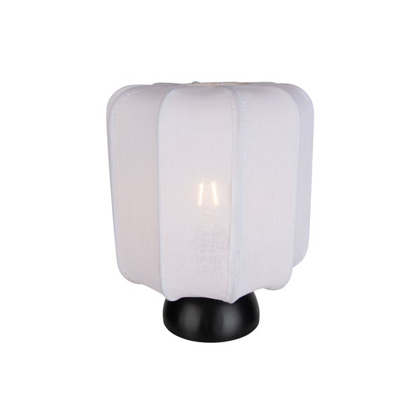 Tischleuchte mit weißem Stoffschirm und schwarzem Fuß, abgerundete rechteckige Form.