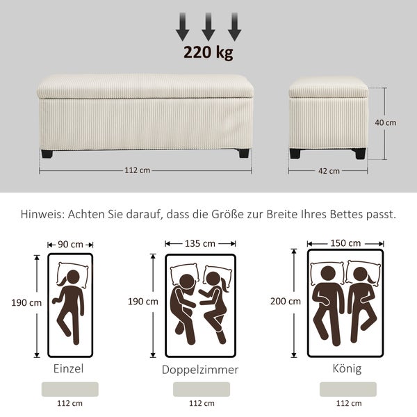 HOMCOM Sitzbank mit Stauraum Polsterbank mit Cord-Optik, Sitztruhe mit Stahlbeine, Truhenbank für Wohnzimmer, Schlafzimmer, Flur 112 x 42 x 40 cm, Beige