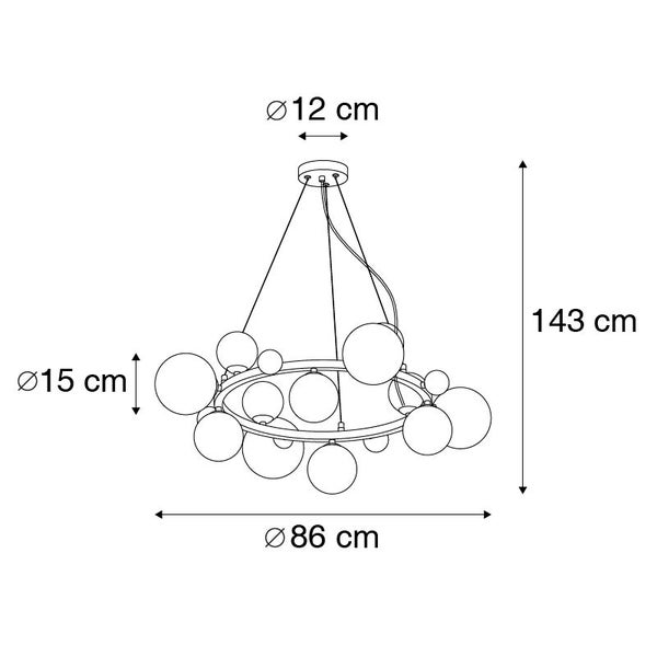 Technische Zeichnung einer Hängelampe mit den Maßen 143 cm Höhe und 86 cm Durchmesser