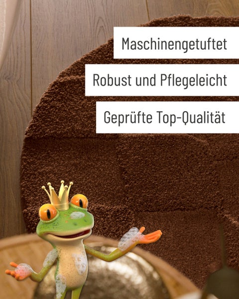 Runder Badeteppich in Braun mit weicher Hoch-Tief-Struktur auf Holzboden.