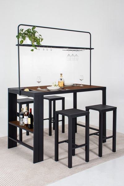 Bar-Sitzgruppe / Gartentheke ELSA 5tlg., 4 Hocker, Tisch, anthrazit mit Holzoptik